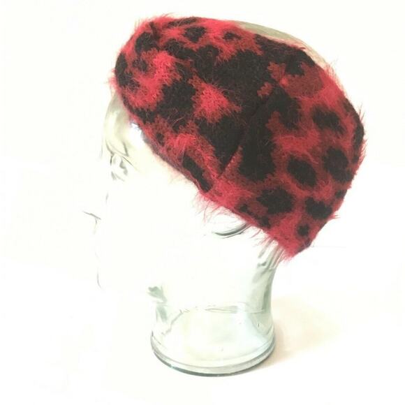 DKNY NEW Fuzzy Red Black Animal Print Knit Front Twist Headband Ear Warmer Head - Picture 3 of 7